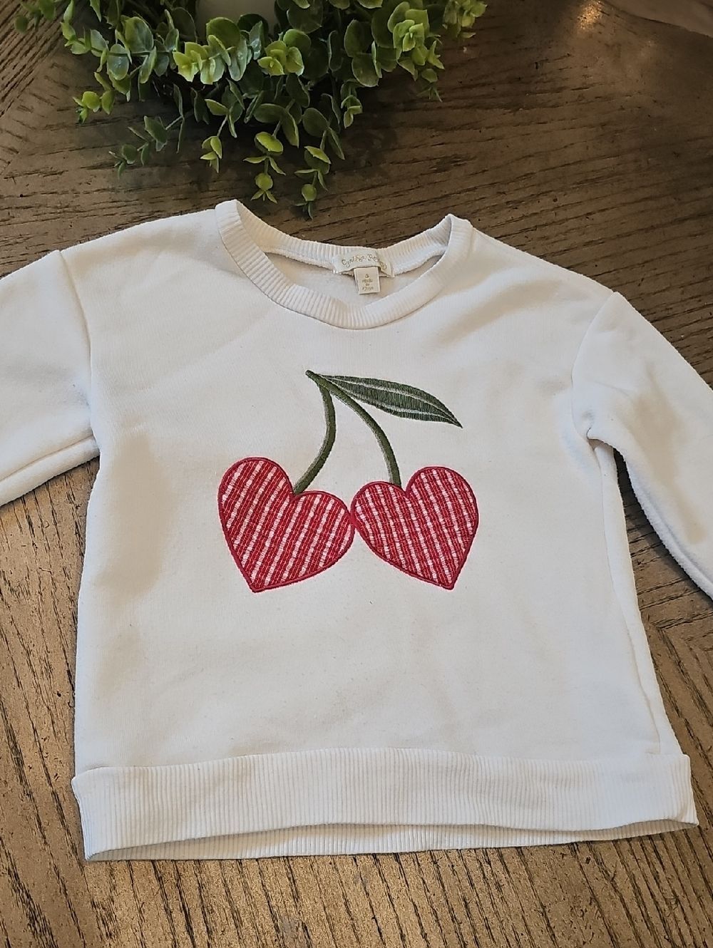 White Kids Sweatshirt with Red Cherry Heart Appliqué Size 6
